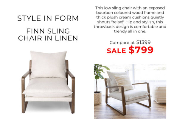 Finn Sling Chair on sale, linen upholstered, wooden frame