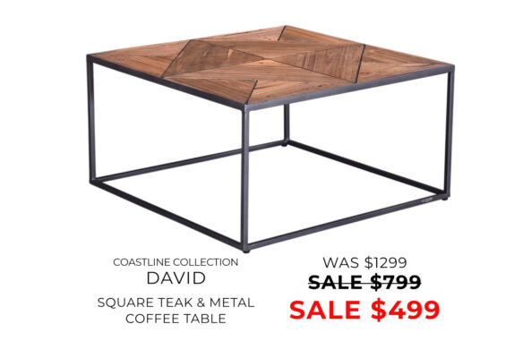 Square teak and metal coffee table now only $499