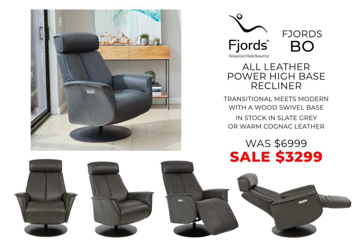 Fjords BO leather power recliner in slate grey with wood swivel base, modern and transitional design.