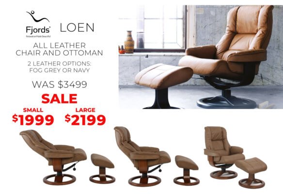 Fjords Loen leather chairs and ottoman on sale. was $3999 now only $1999 for a Small and $2199 for a Large