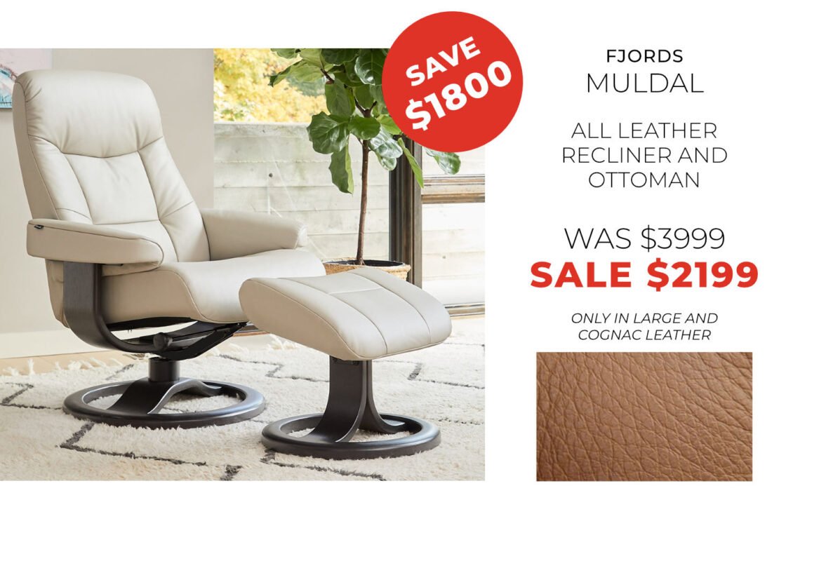 All-leather recliner and ottoman for comfortable seating and style. Perfect for living rooms, availa.