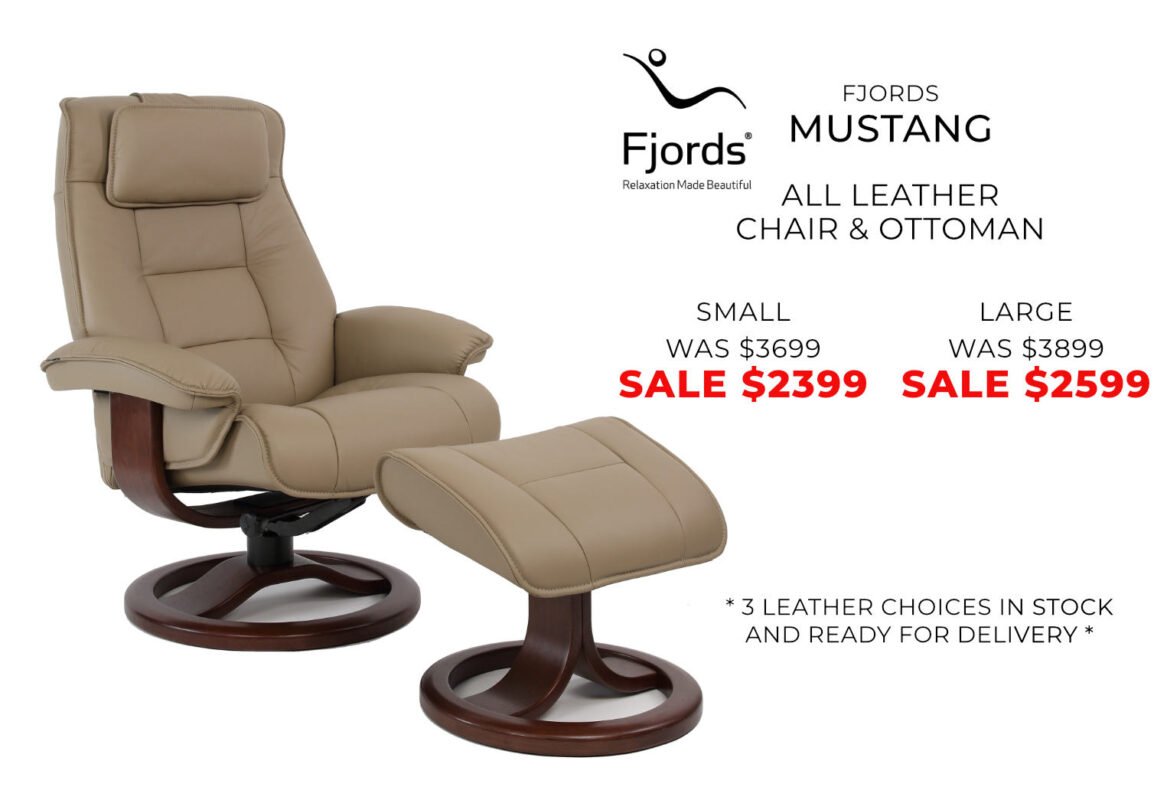 Fjords Mustang all-leather chair and ottoman for comfortable seating and relaxation.