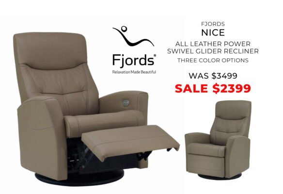 Fjords Nice all-leather power swivel glider recliner in beige, available in three colors.