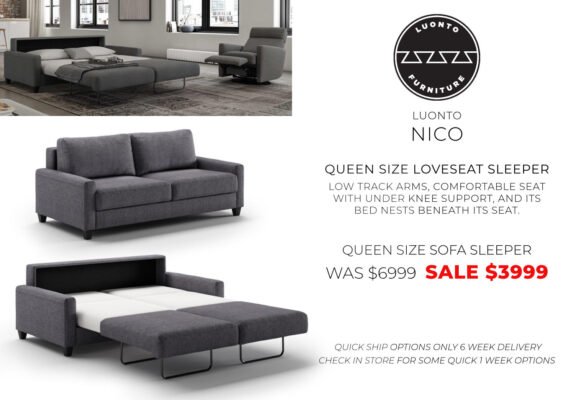 Contemporary queen size loveseat and sofa sleeper with low track arms and comfortable design.